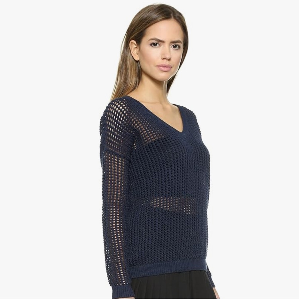 Vince Navy Blue Grid Mesh V-Neck Sweater Size Xs